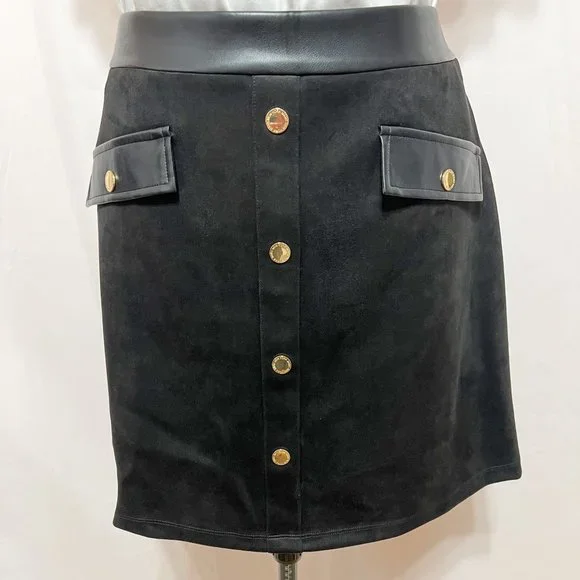 Andrew Marc NWT Sz XL Black  Faux Leather/Suede A-Line Pull On Skirt - Picture 3 of 9